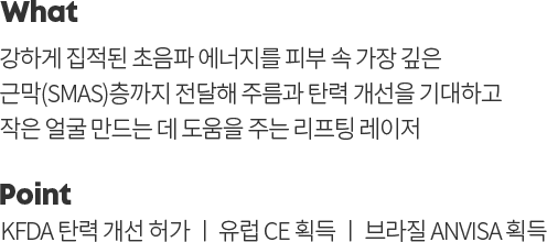 강하게 집적된 초음파 에너지를 피부 속 가장 깊은 근막(SMAS)층까지 전달해 주름과 탄력을 개선하고 작은 얼굴 만드는 데 효과적인 리프팅 레이저